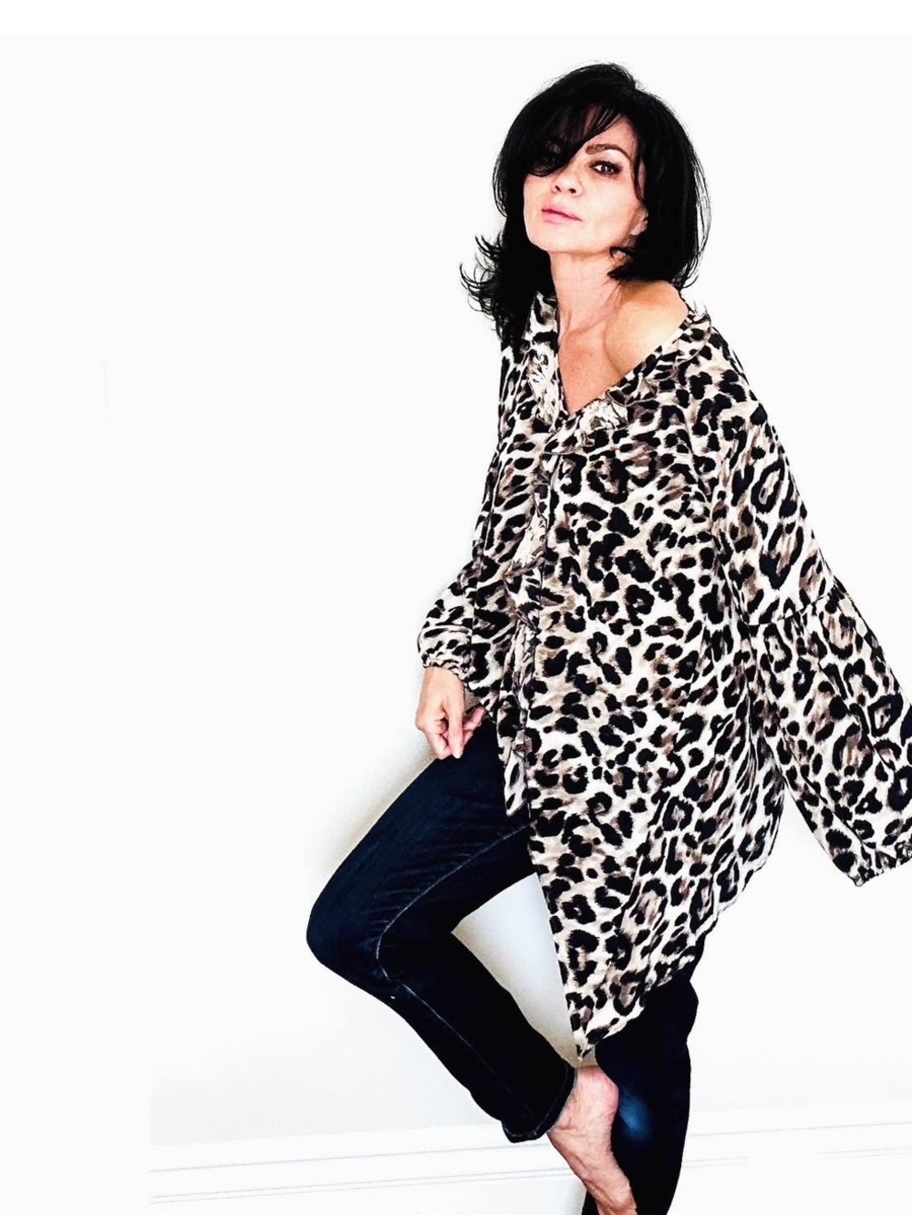 Vanita Rosa Atelier Paris St. Barth Leopard Silk Satin Ruffle Coverup /Tunic Top
